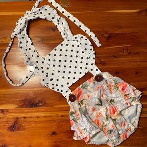 Girls size 70 White w/ Black Polkadots and floral bottom onesie